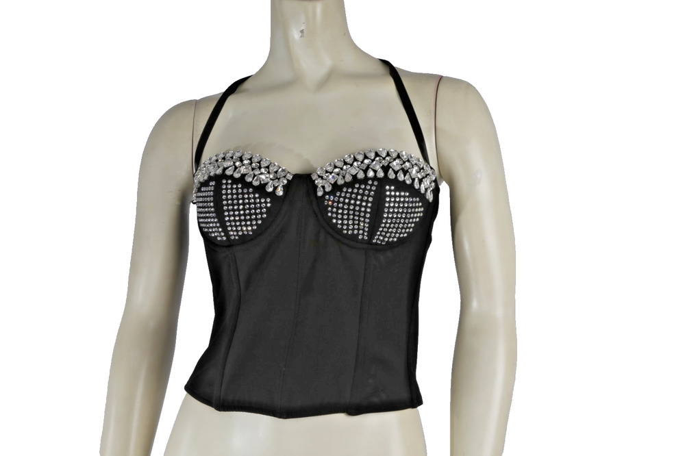 Pinko x Patrick McDowell Black Gem Crystal Rhinestone Bustier Corset Top Size S
